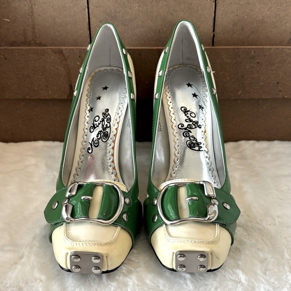 naughty monkey Green and Cream Studded Buckle Heels